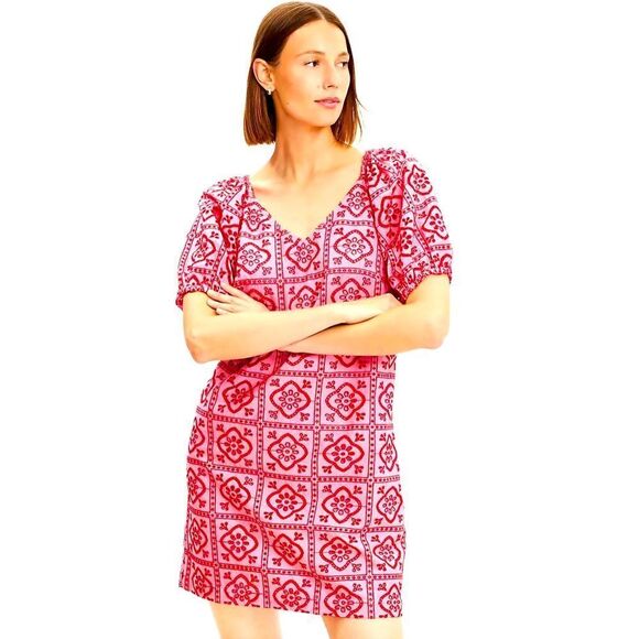 Loft Tiled Eyelet Mini Shift Dress Pink Multi - Picture 1 of 7